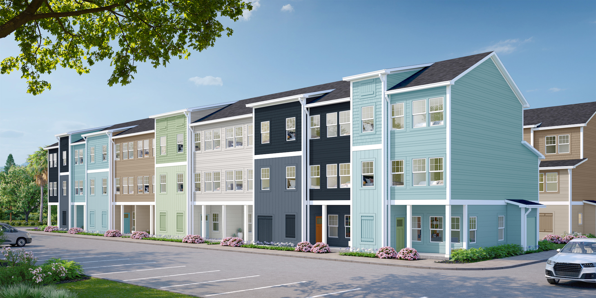 a row of multi-story houses