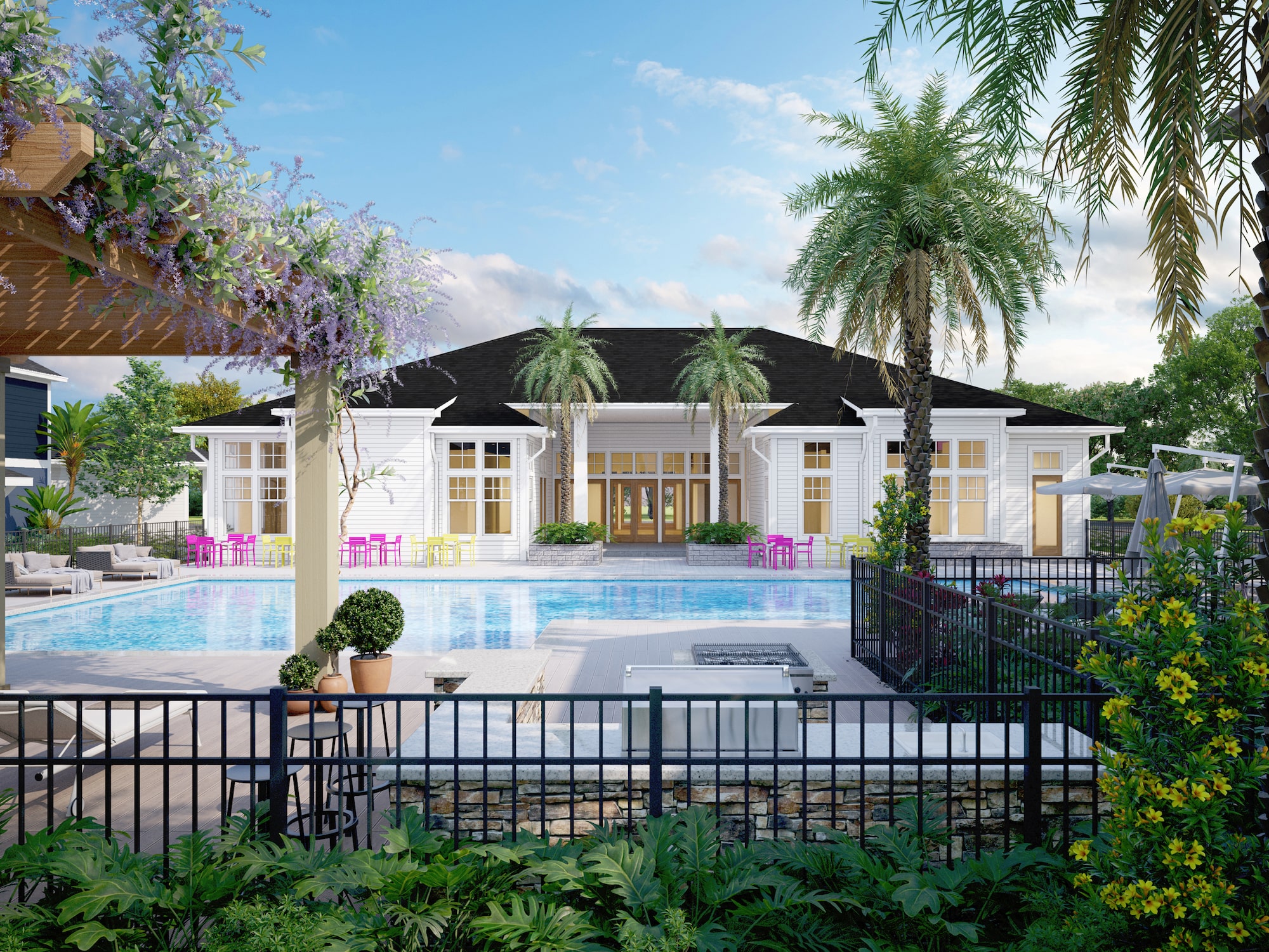 a pool and a building with trees and plants