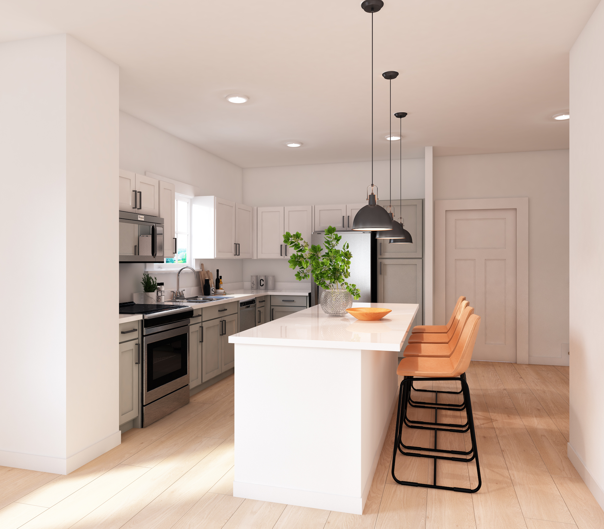 a kitchen with a bar and chairs
