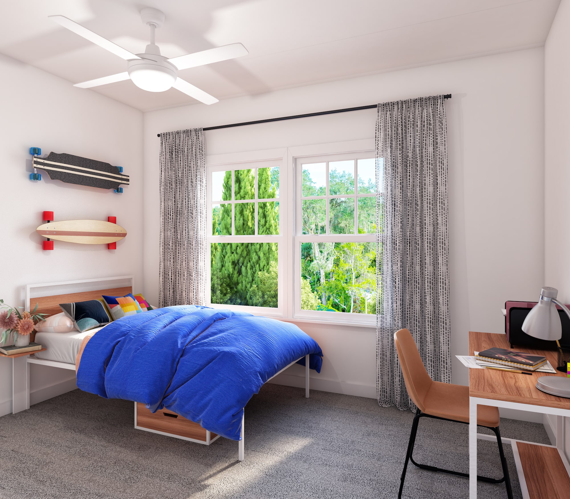 a bedroom with a desk and a bed