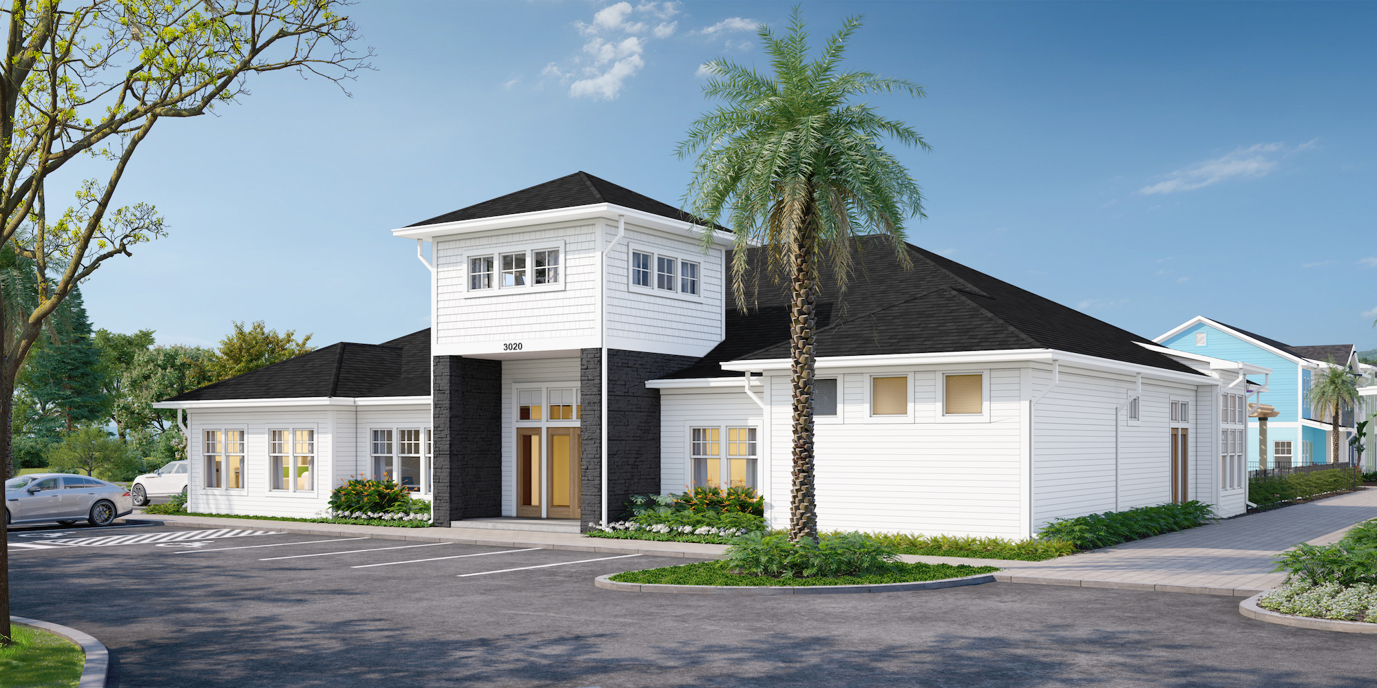 a building with a palm tree