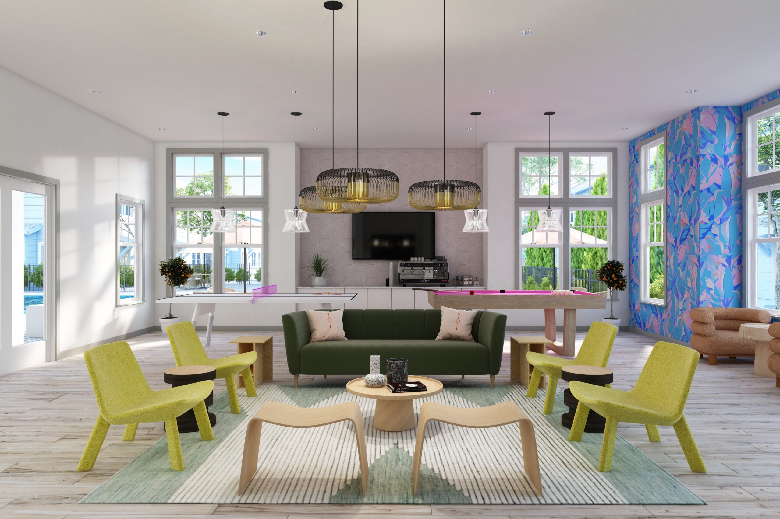 a living room with a couch and chairs