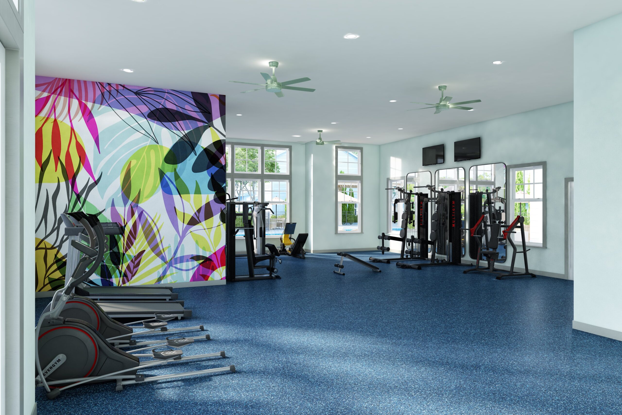 a large gym with exercise equipment