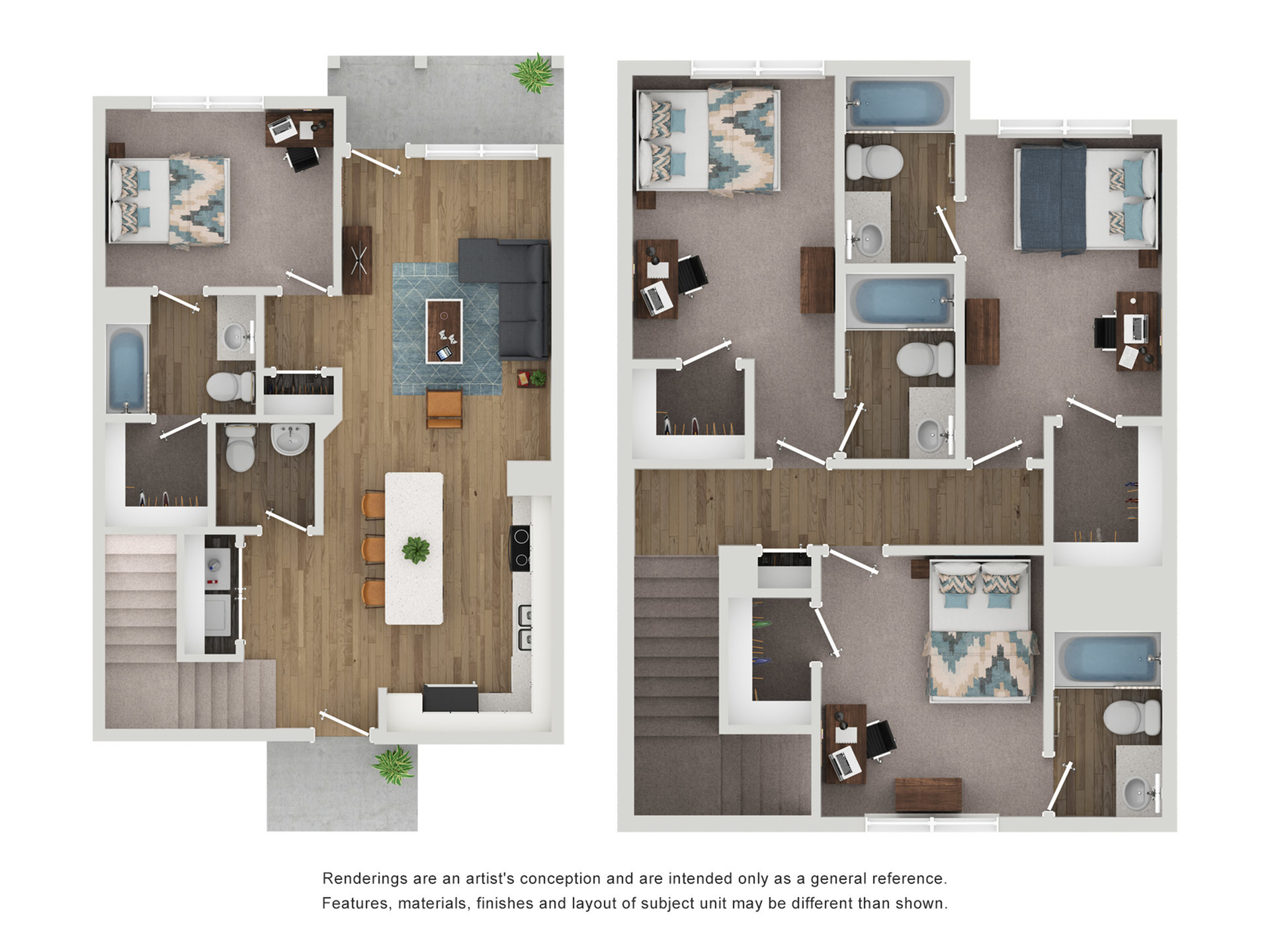 A 3D image of the 4BR/4.5BA – Boulder – Platinum floorplan, a 1625 squarefoot, 4 bed / 4.5 bath unit