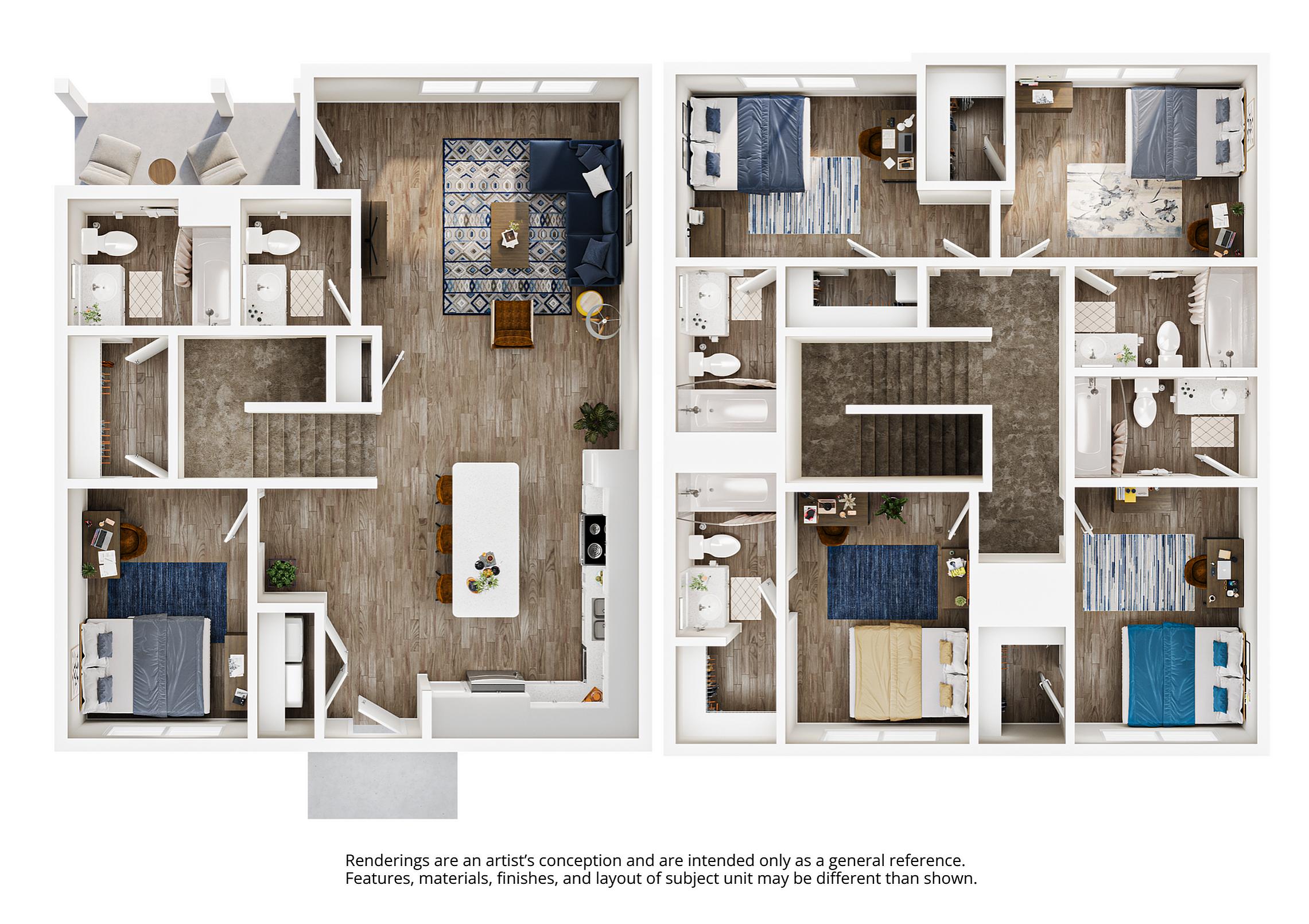 A 3D image of the 5BR/5.5BA – Keystone – Platinum floorplan, a 1912 squarefoot, 5 bed / 5.5 bath unit