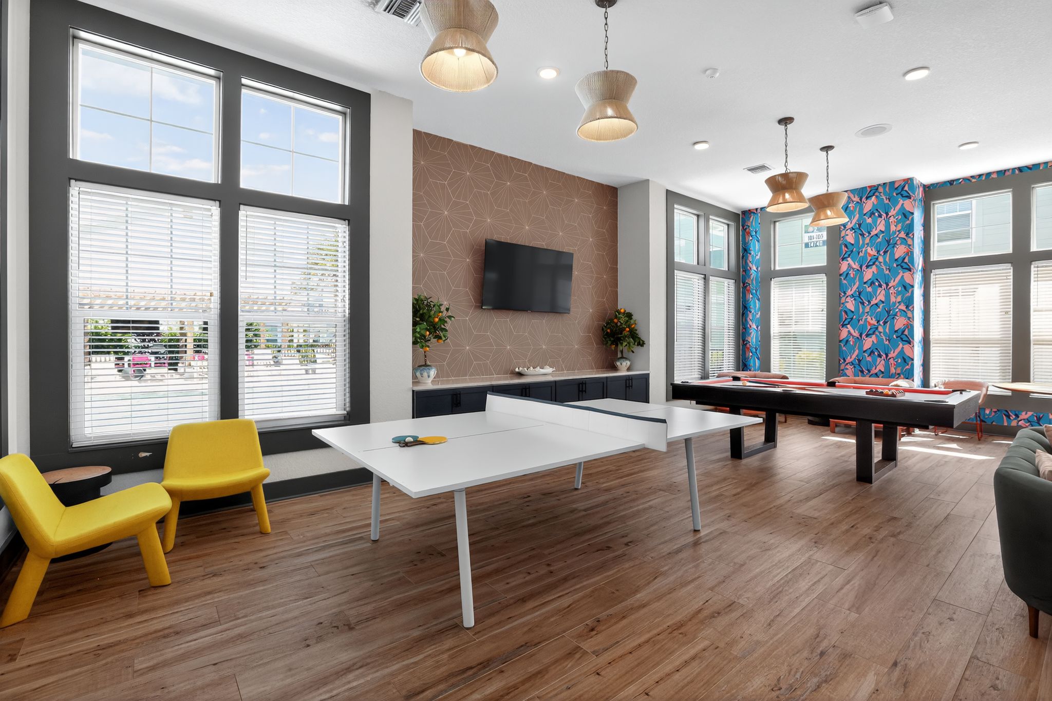 Modern clubhouse with gaming amenities.