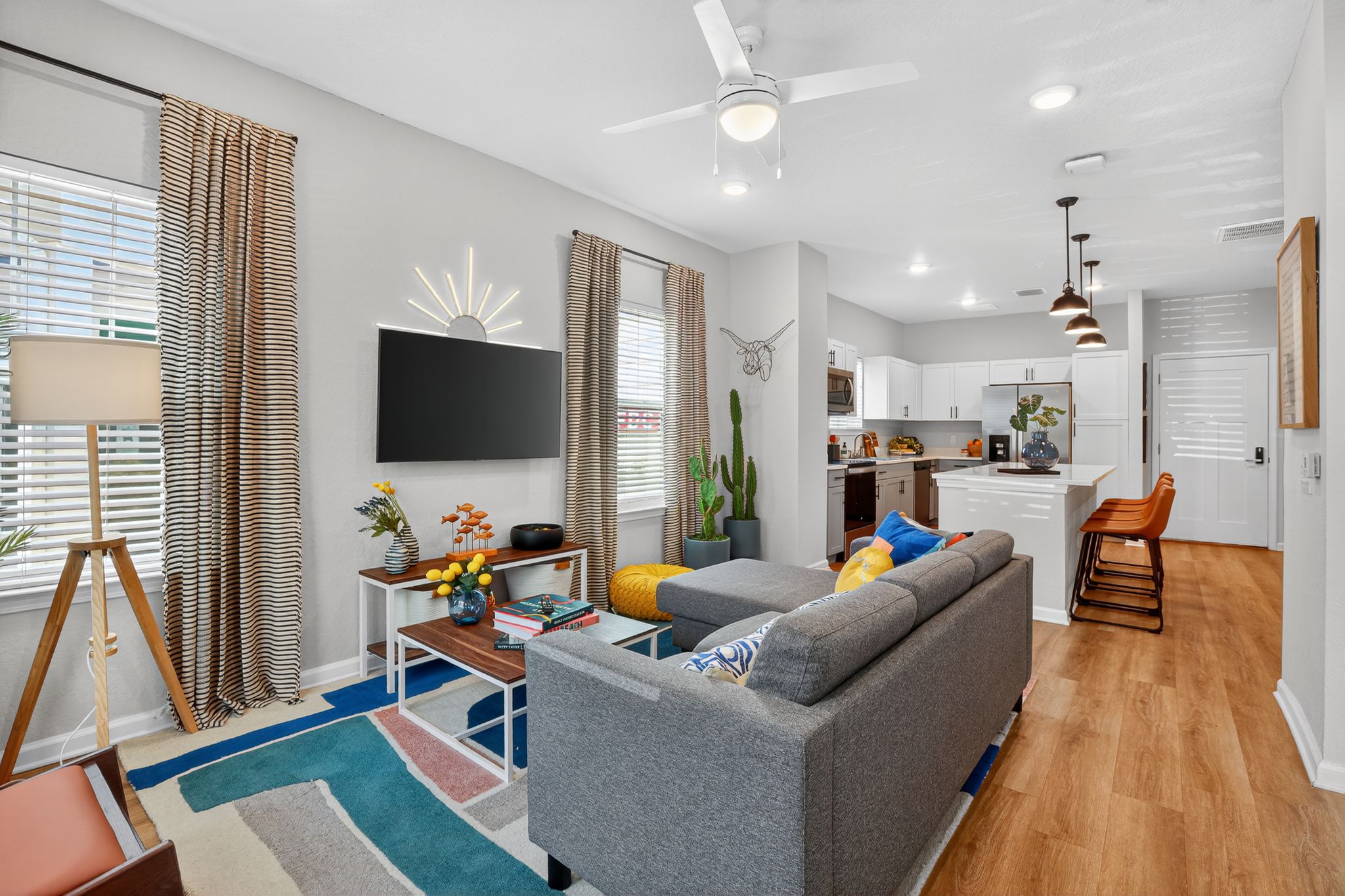 Modern living room with kitchen view