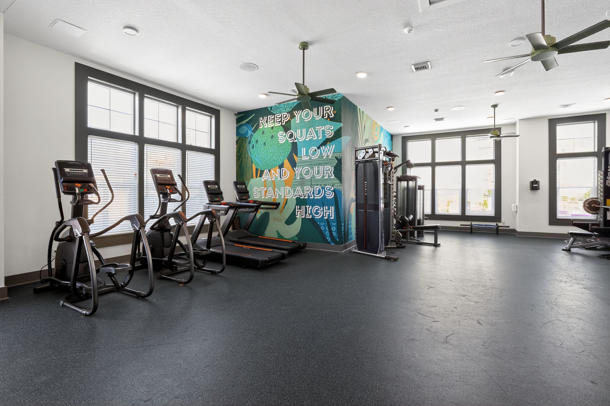 Modern gym with motivational mural
